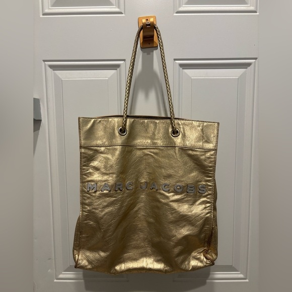 Marc Jacobs Open-Top Tote in Metallic Gold Leather Made in Italy Braided Handles - Picture 1 of 9